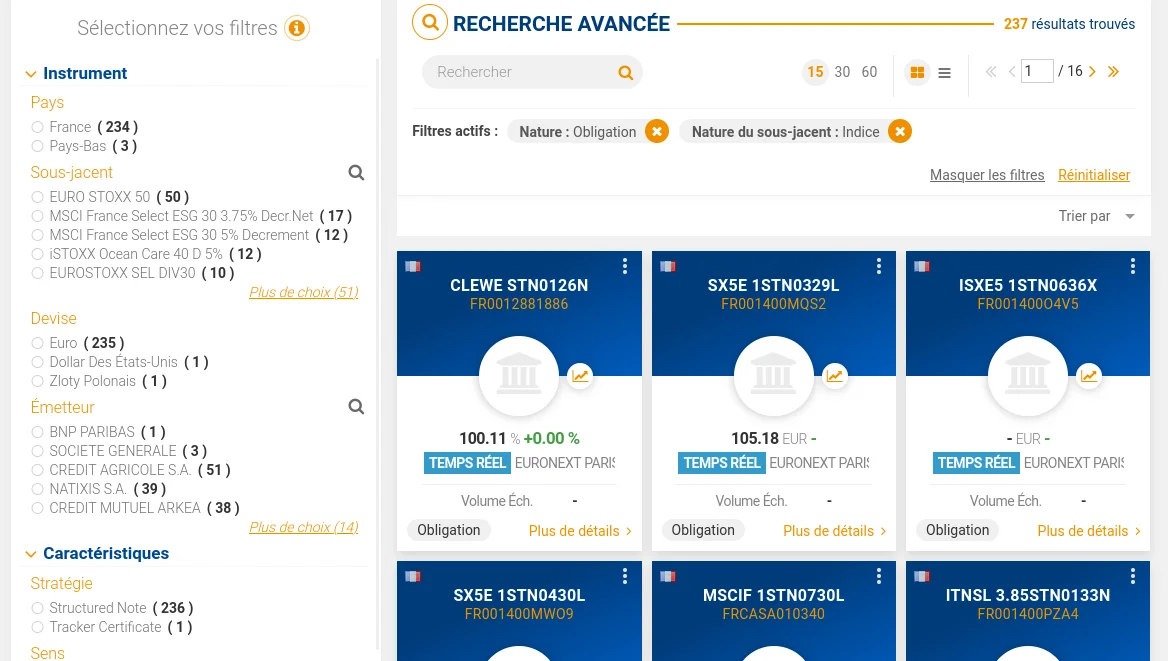 Résultats "Obligations / Indice" chez Bourse Direct : des produits structurés (CLN), pas des obligations classiques