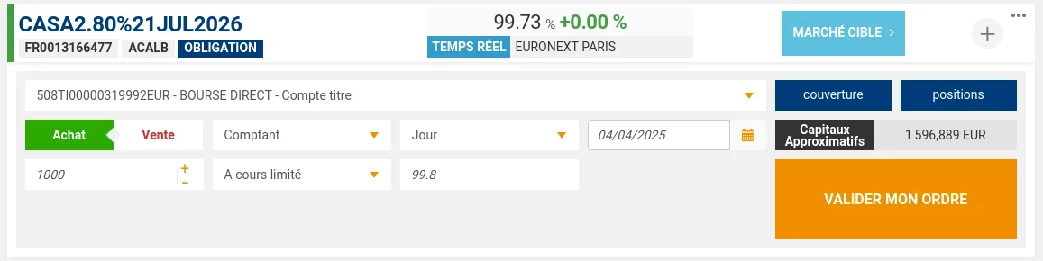 Saisie d'un ordre d'achat sur une obligation Crédit Agricole SA chez Bourse Direct