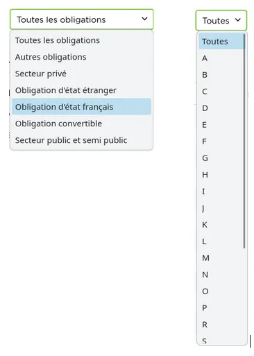 Menus de sélection des obligations chez Fortuneo
