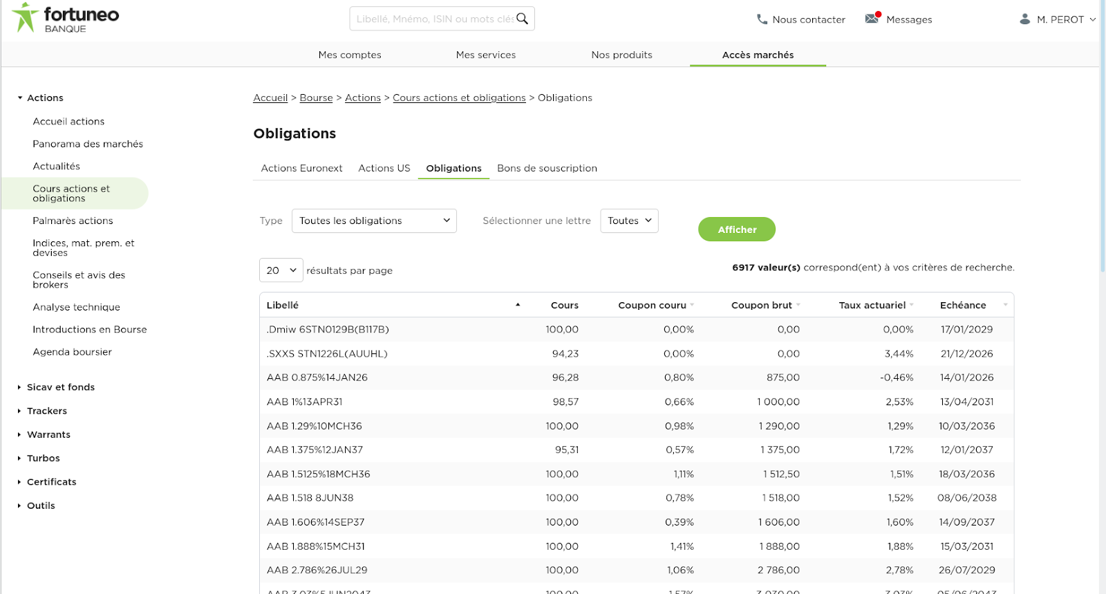 Page de sélection des obligations chez Fortuneo