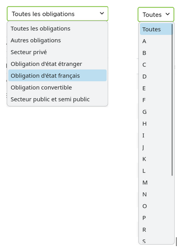Menus de sélection des obligations chez Fortuneo