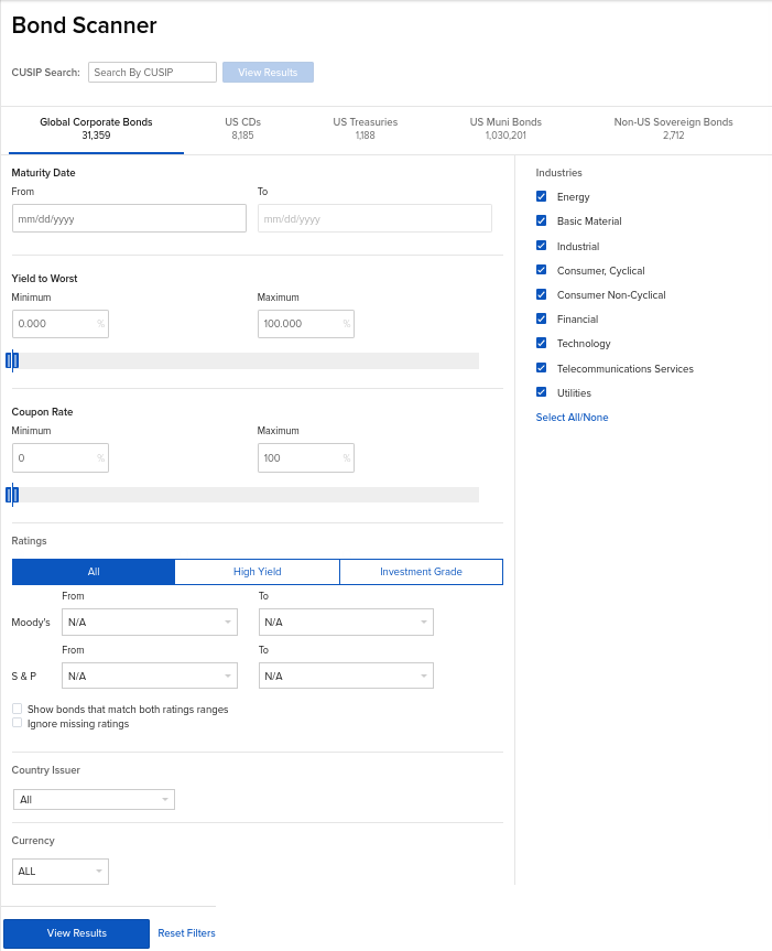 Exemple de recherche d'obligations sur IBKR