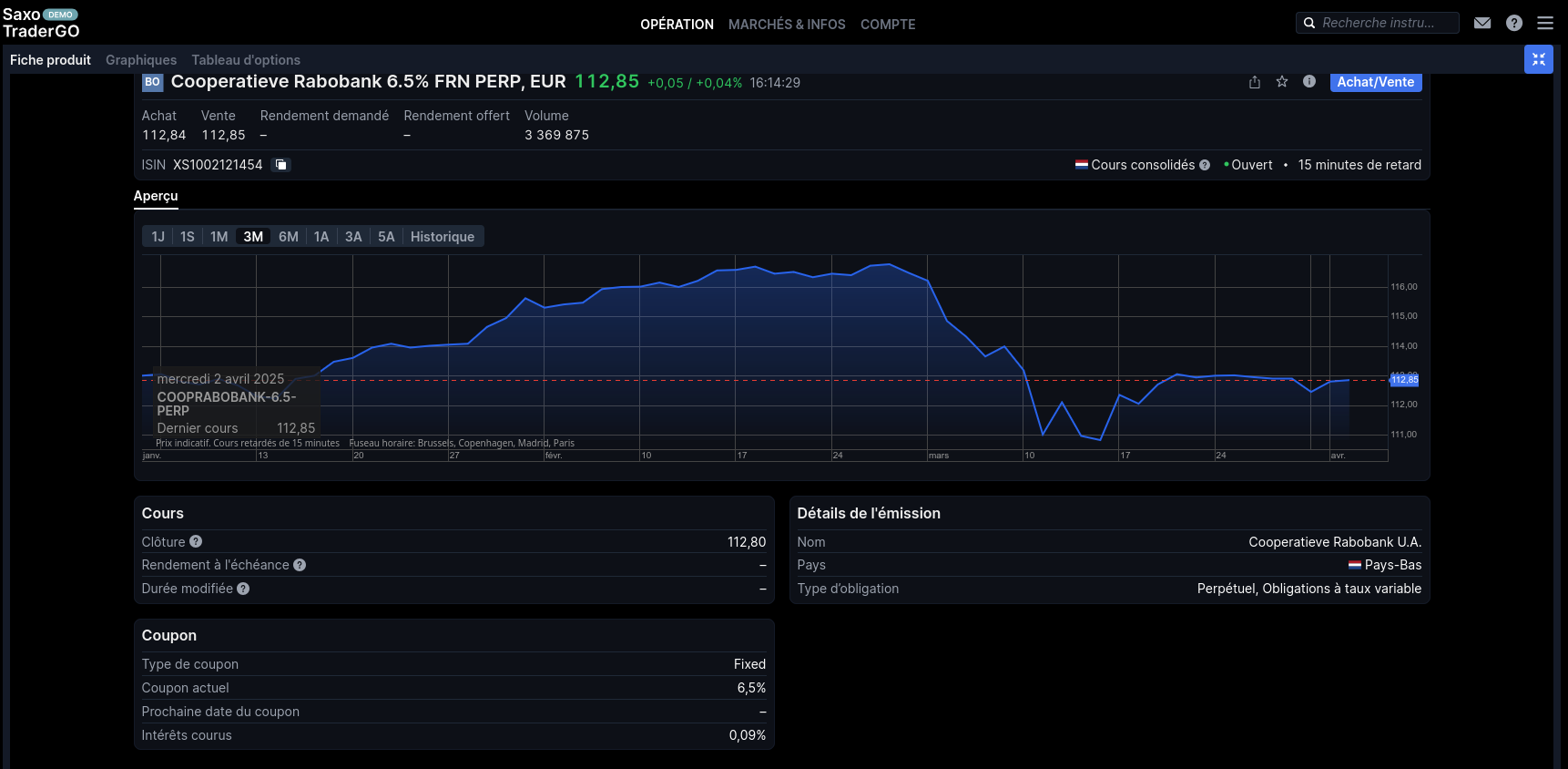 Fiche oblig perpétuelle Rabobank chez Saxo