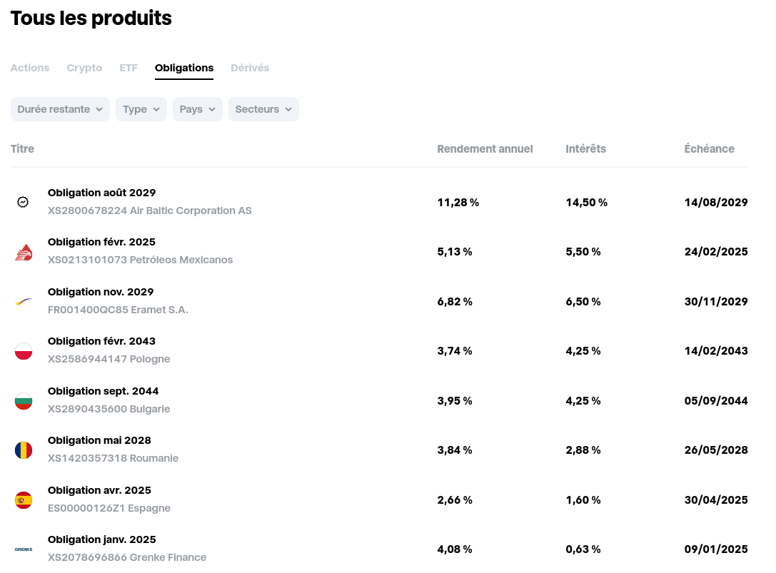 Page de sélection des obligations chez Trade Republic