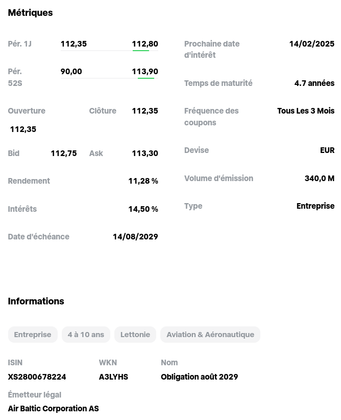 Caractéristiques d'une obligation Air Baltic chez Trade Republic