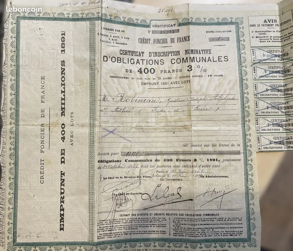 Certificat d'obligations communales du Crédit Foncier de France, emprunt de 1891, d'une valeur de 400 francs à 3%
